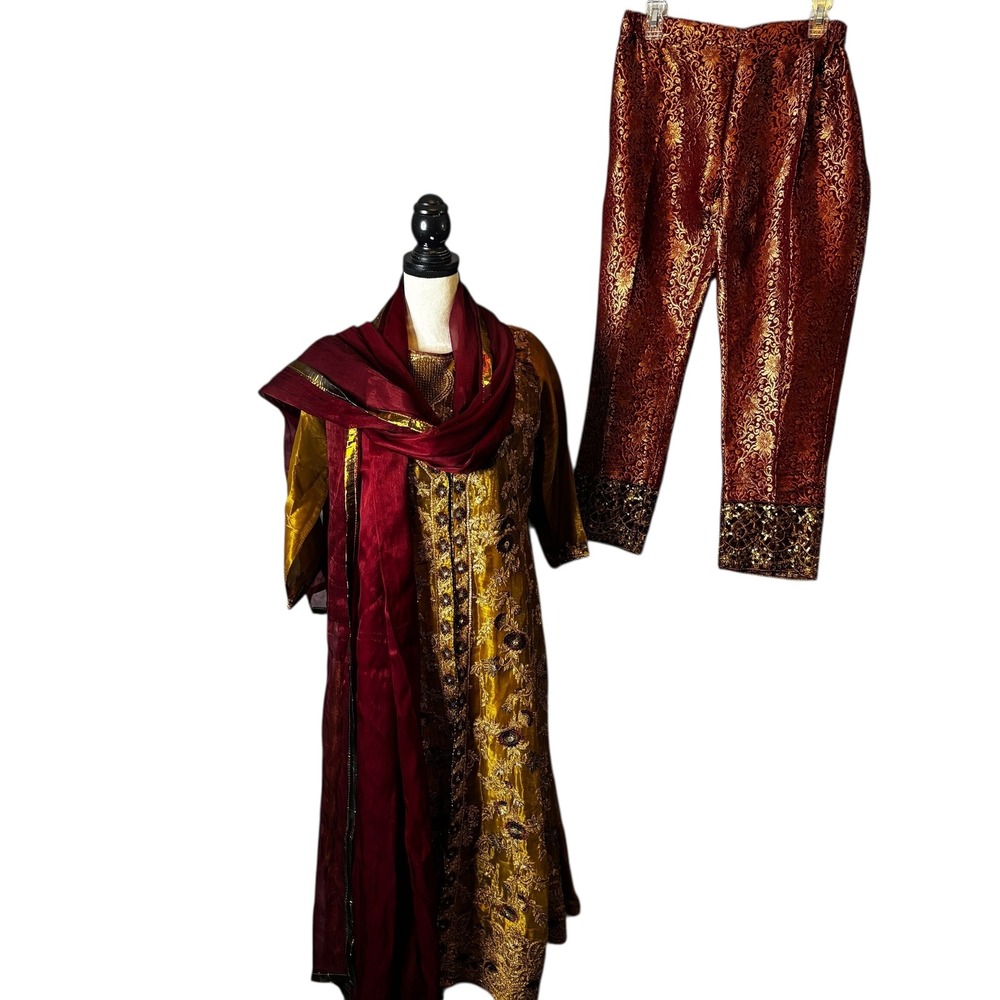 Nakoosh Embellished Embroidered Silk Blend 3 Piece Outfit Women's Size M Kurta